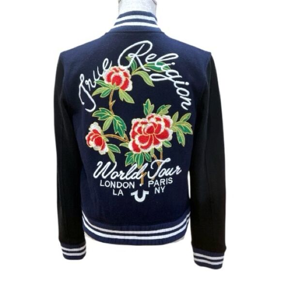 True Religion Souvenir World Tour Embroidered Varsity Jacket in Blue Size L - Picture 6 of 6